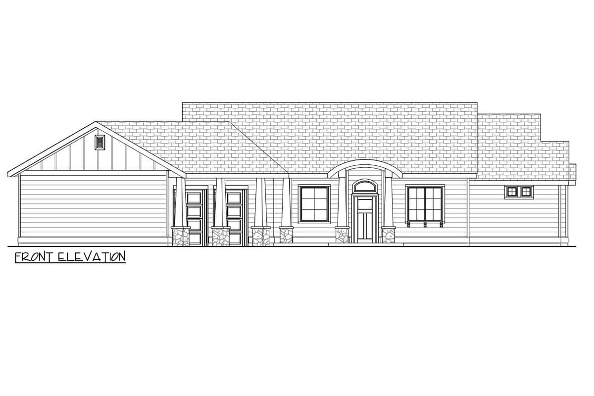 Front elevation house plan featuring a covered porch with stone-clad columns, multiple windows, and a prominent arched entryway.