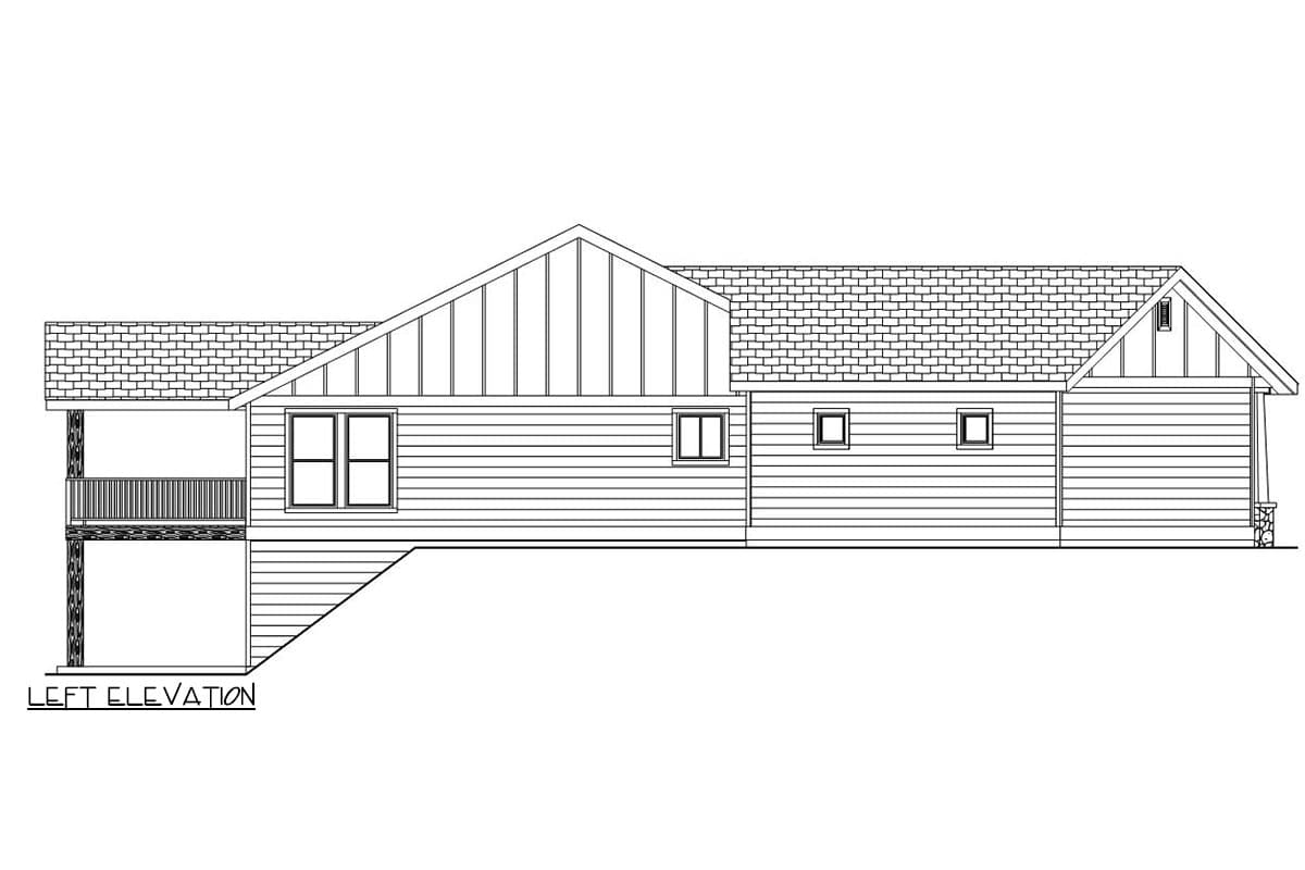 Left elevation of a one-story house plan with a gabled roof, horizontal siding, and a covered porch.