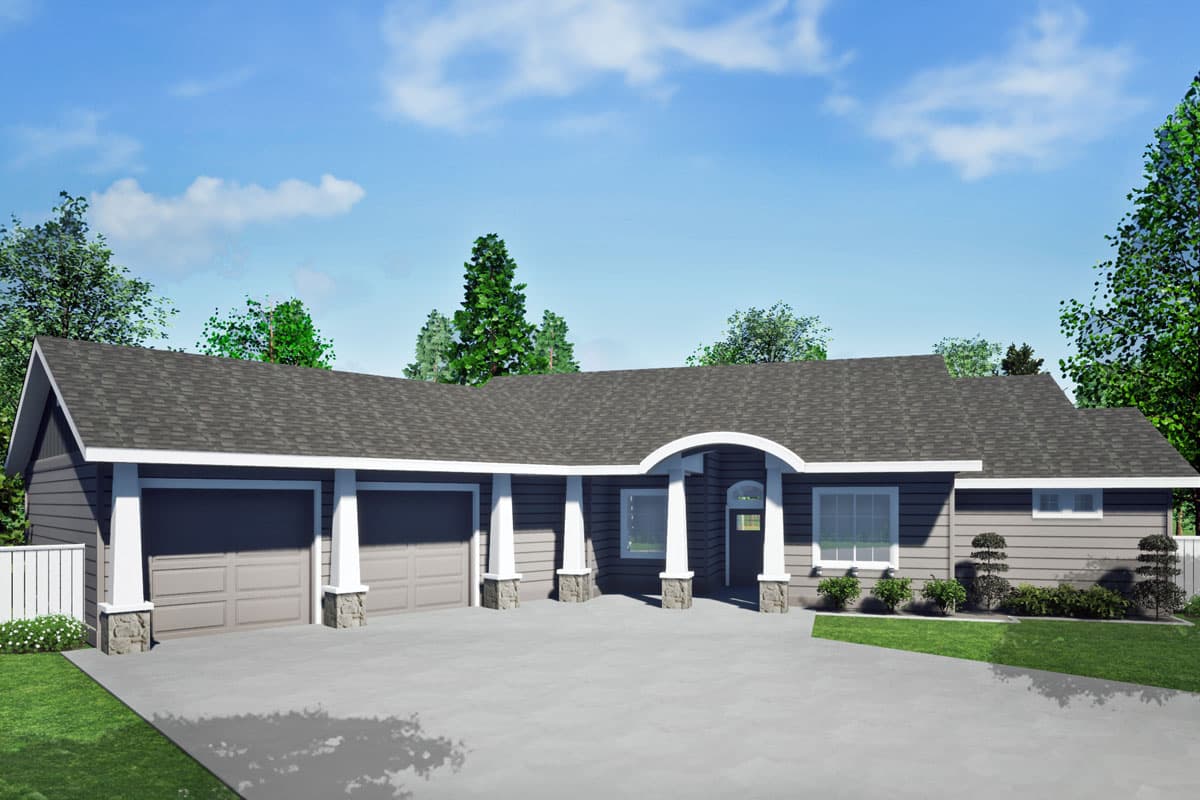 House plan exterior. Ranch style with a low-pitched roof, stone-based columns, an arched entry, and a three-car garage.