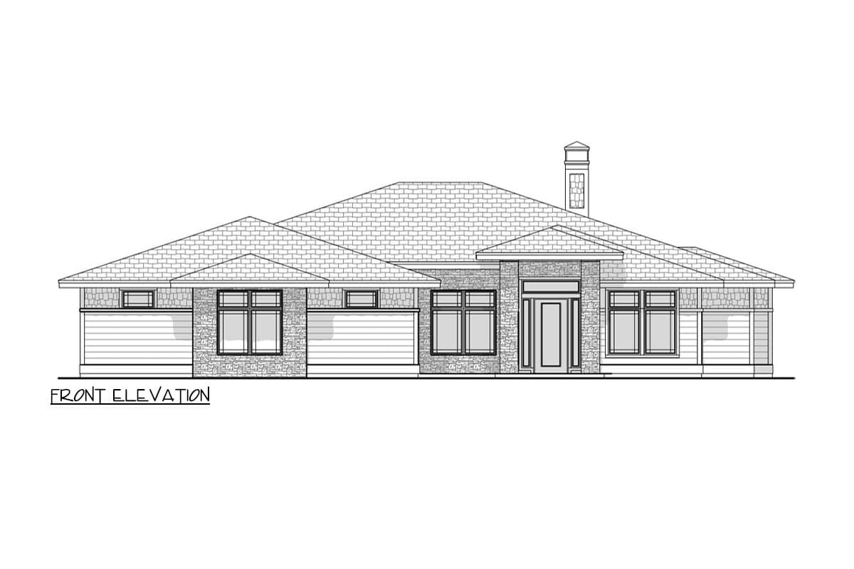 Front elevation drawing of a single-story house with hip roof, stone and horizontal siding, and central entry.
