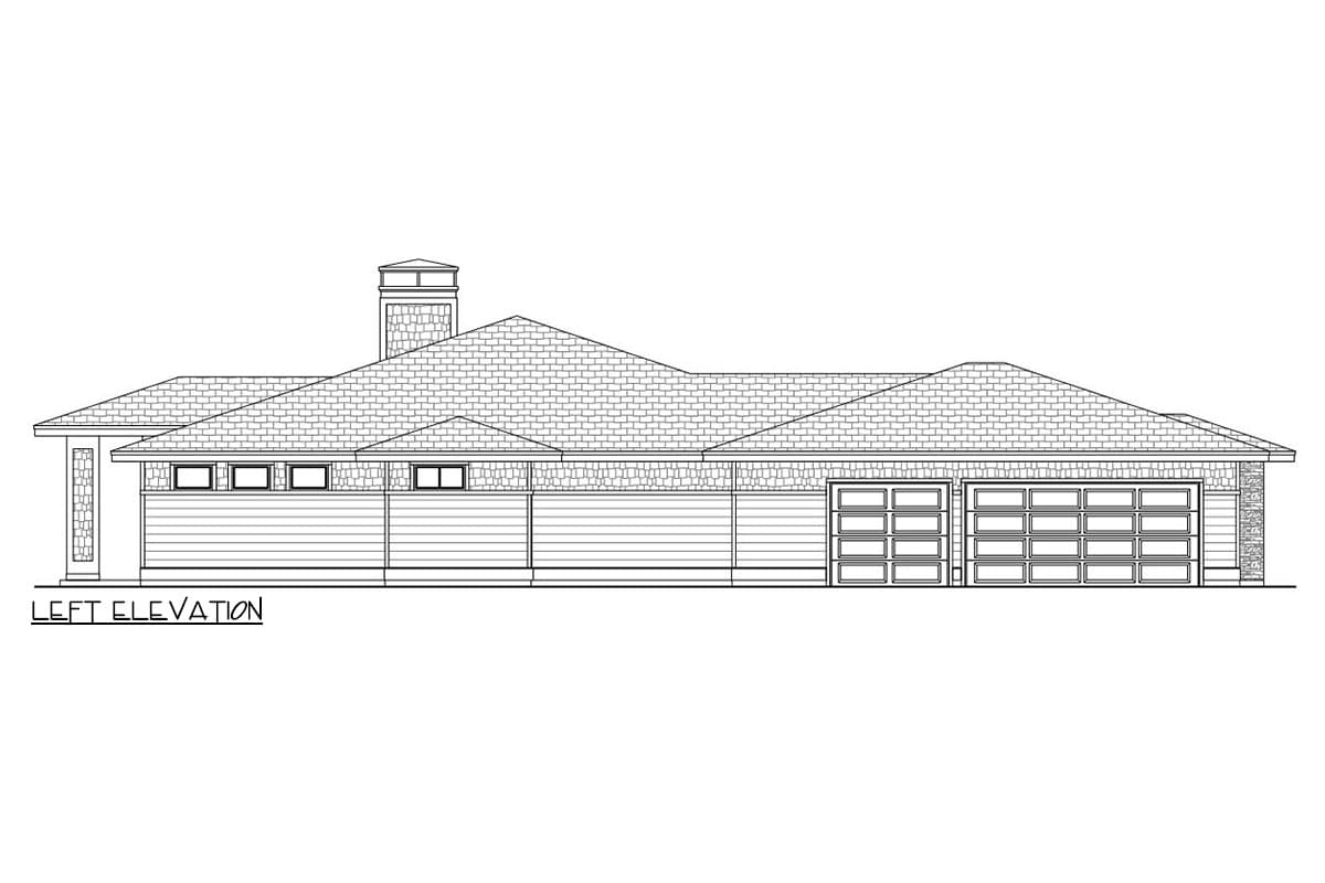 Left elevation of a house plan featuring a hip roof, chimney, horizontal siding, and a three-car garage.