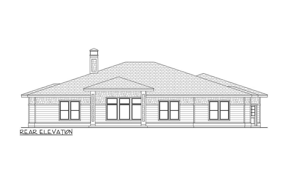 Rear elevation house plan drawing showing a one-story home with a prominent covered entry, multiple gables, and lap siding.