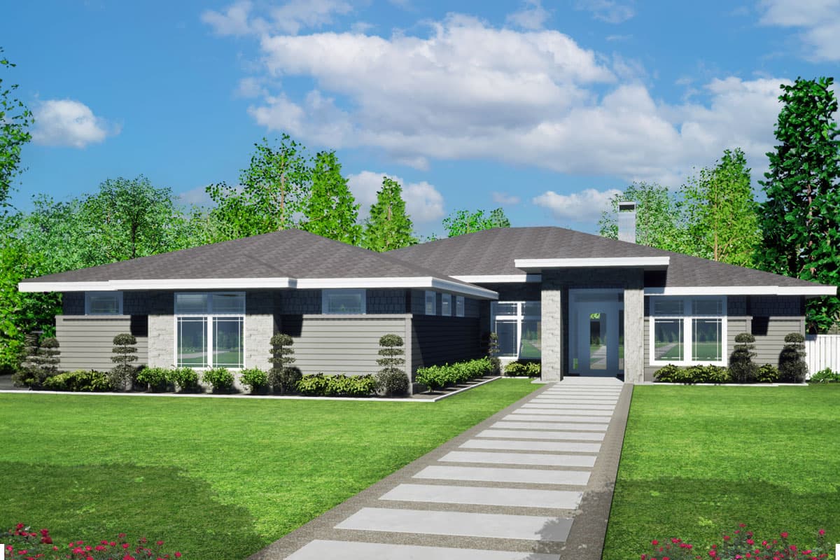 House plan exterior with modern design, single-story, with flat roof, horizontal siding, and prominent entryway. Features include large windows.