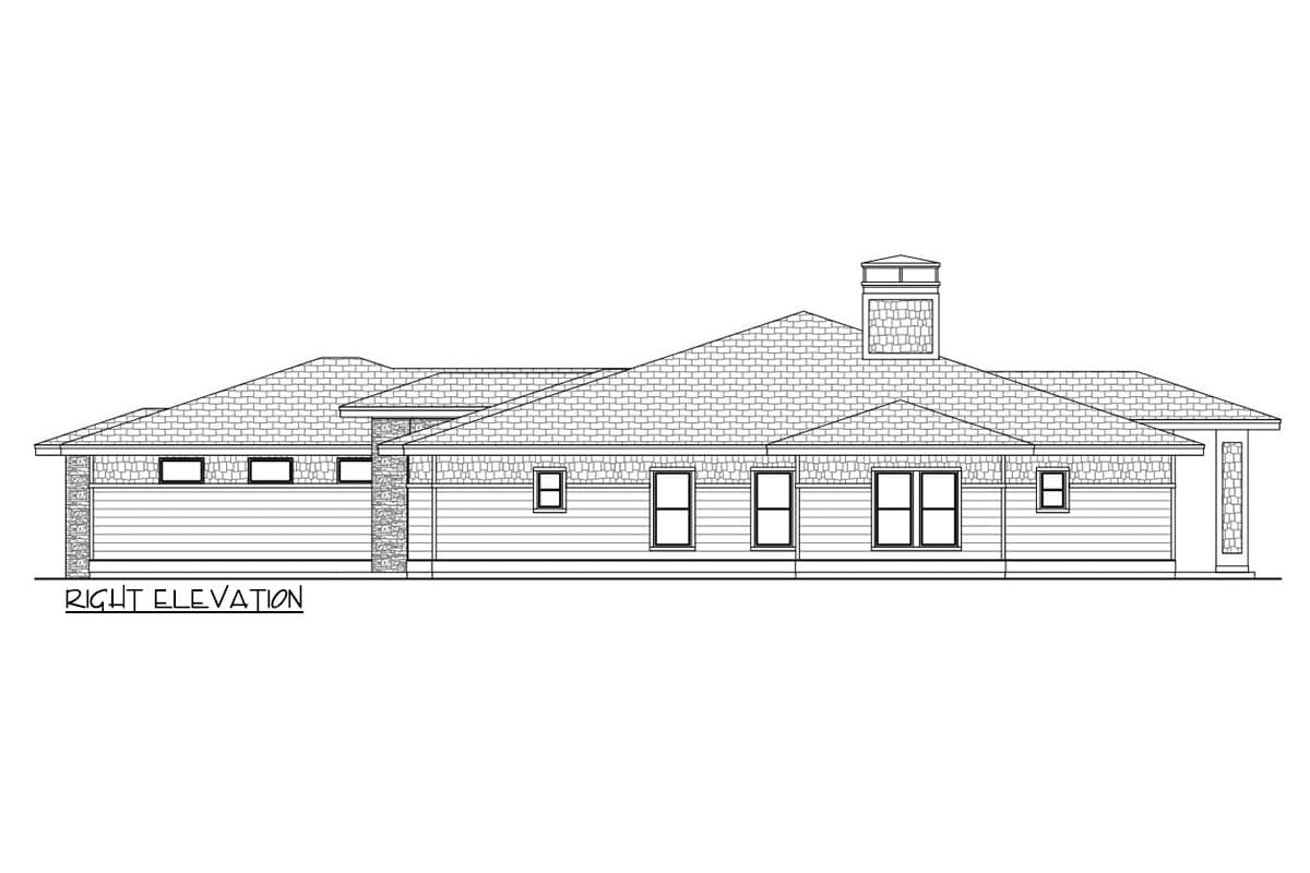 Right elevation house plan drawing of a single-story home with hip roof, multiple gables, chimney, stone accents, and wide windows.