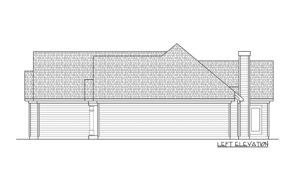 Left elevation house plan drawing showing horizontal siding, a columned porch, and a gabled roof with a chimney.