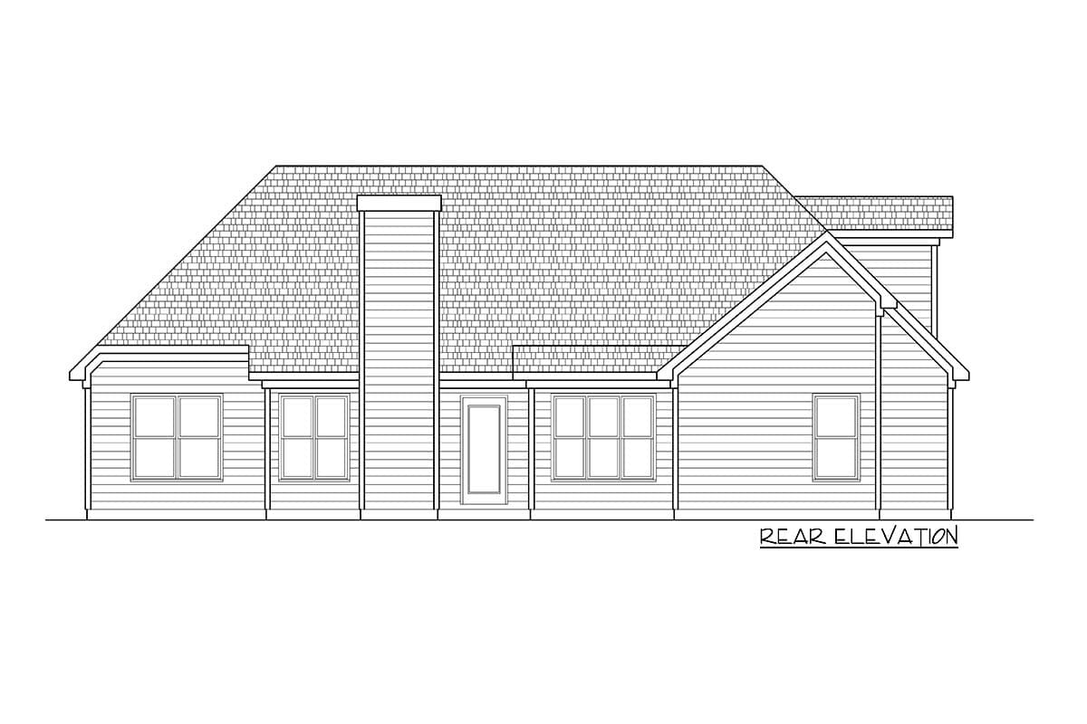 Rear elevation drawing of a house plan showing a varied roofline, a central chimney, and multiple windows.