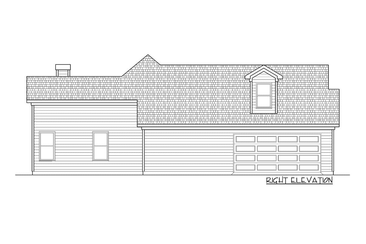 Right elevation house plan drawing showing a pitched roof with dormer, siding, chimney, two windows, and a two-car garage.
