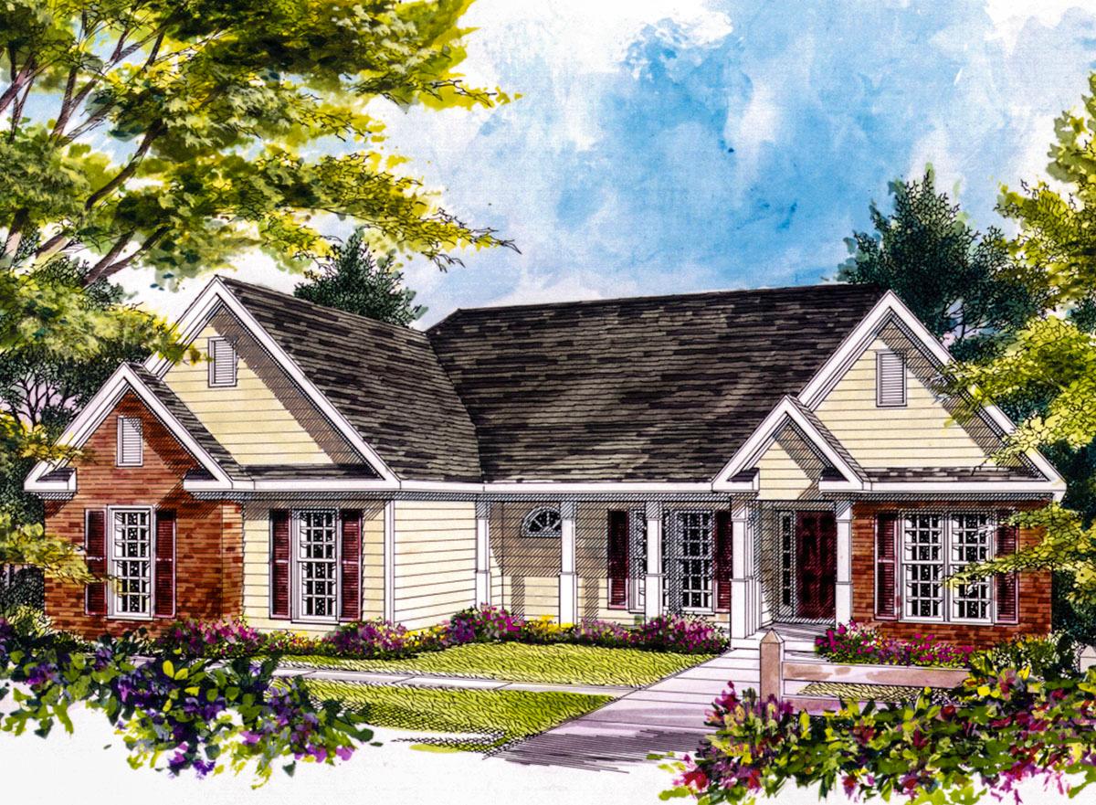 House plan exterior: Single-story Modern Farmhouse with brick accents, prominent gables, and a central covered entry with columns.