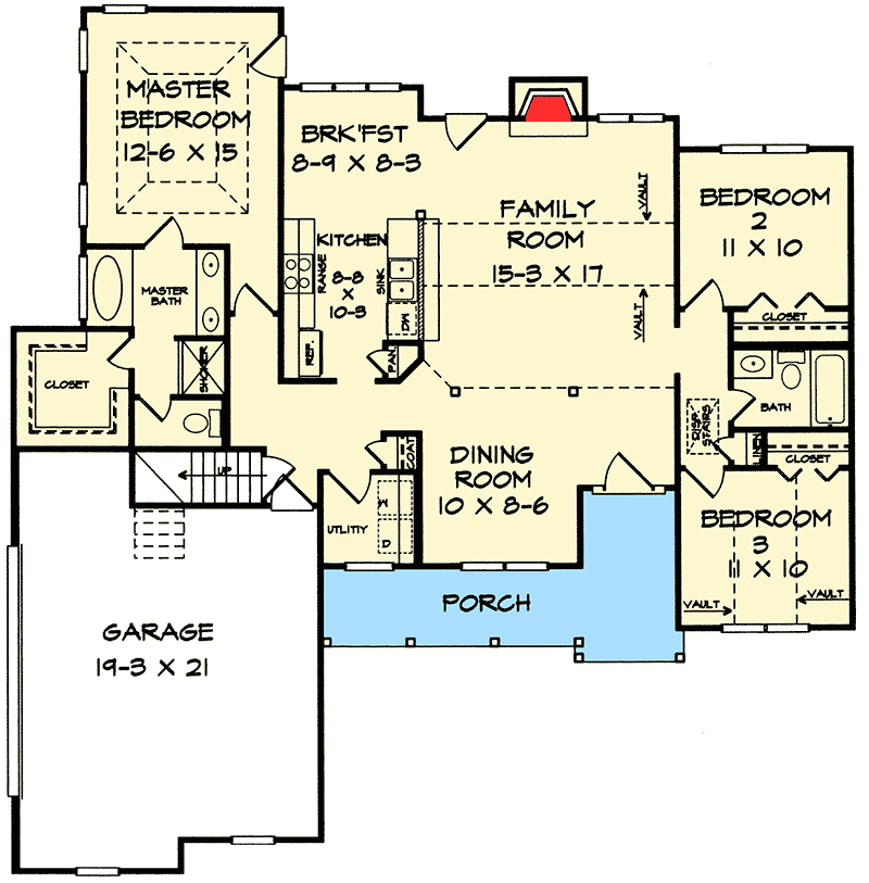 Plan 3628DK: 3-Bed Country Home Plan with Bonus Above - 1477 Sq Ft - Floor Plan - Main Level - Country, Ranch