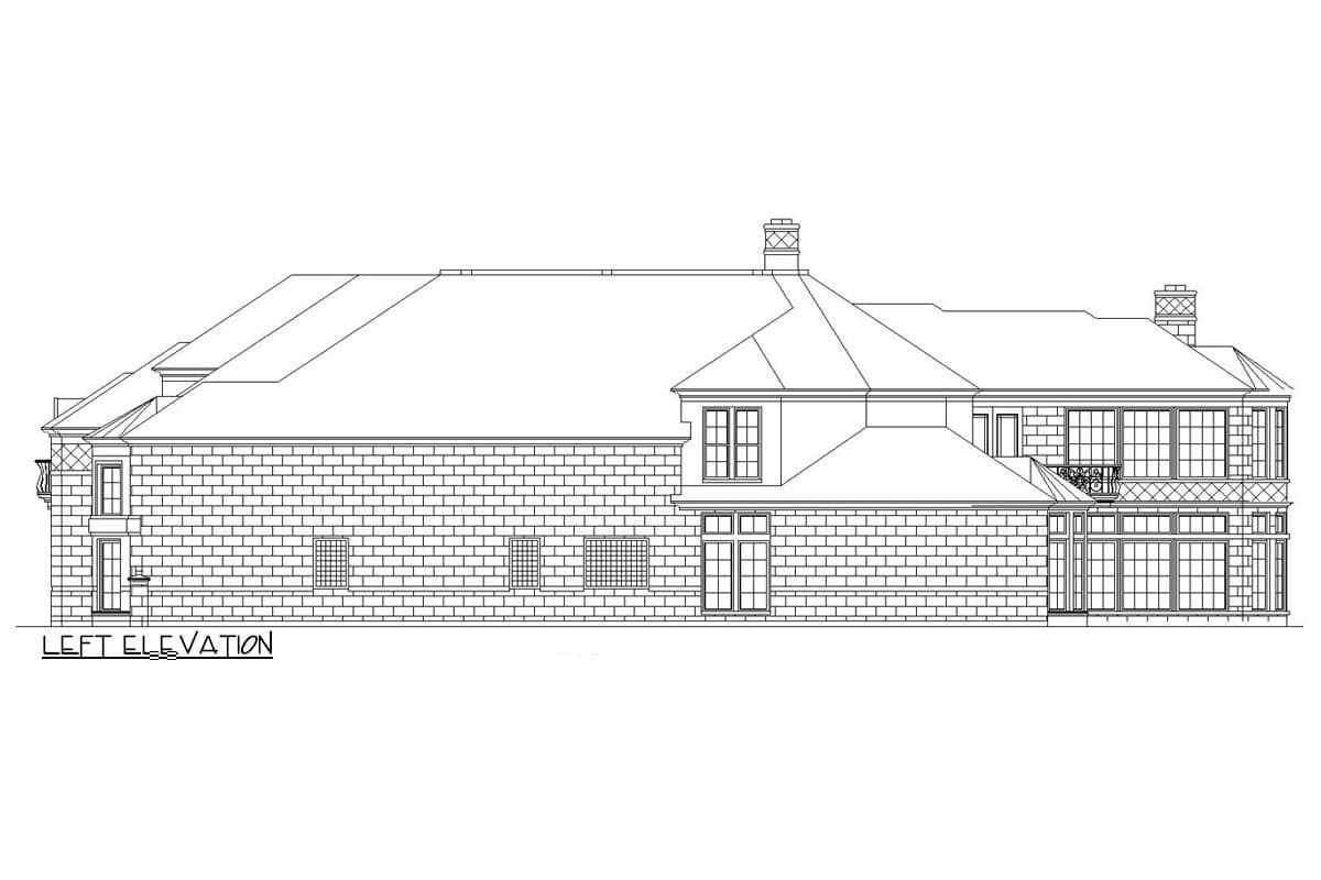 Left elevation house plan with brick facade, multiple gables, dormers, and tall windows.