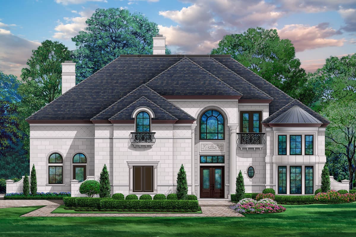 House plan exterior. Two-story home with a slate roof, arched windows, and a front entry portico. Features include a cupola and balcony.