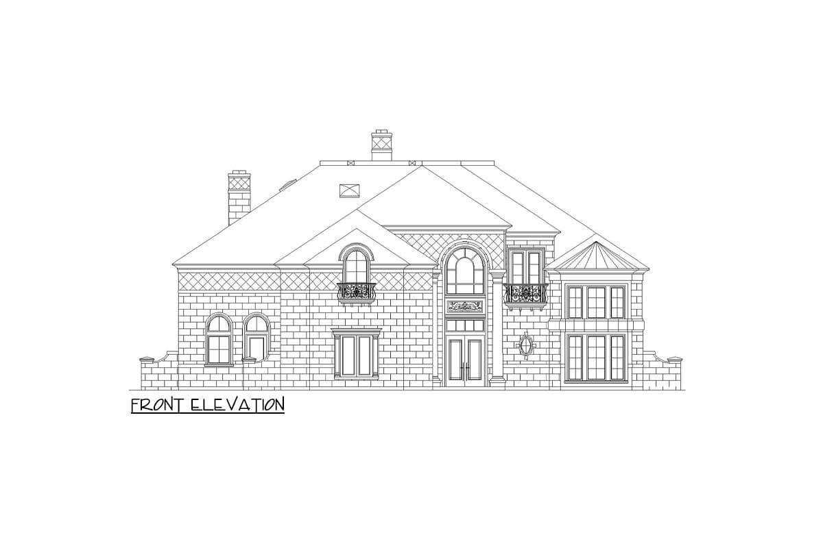 Front elevation drawing of a multi-story house with ornate windows, balconies, and chimneys.