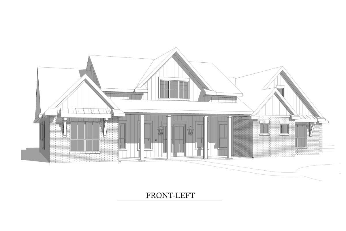 House plan exterior rendering shows a one-story Modern Farmhouse with a deep front porch, gabled dormers, and brick exterior.