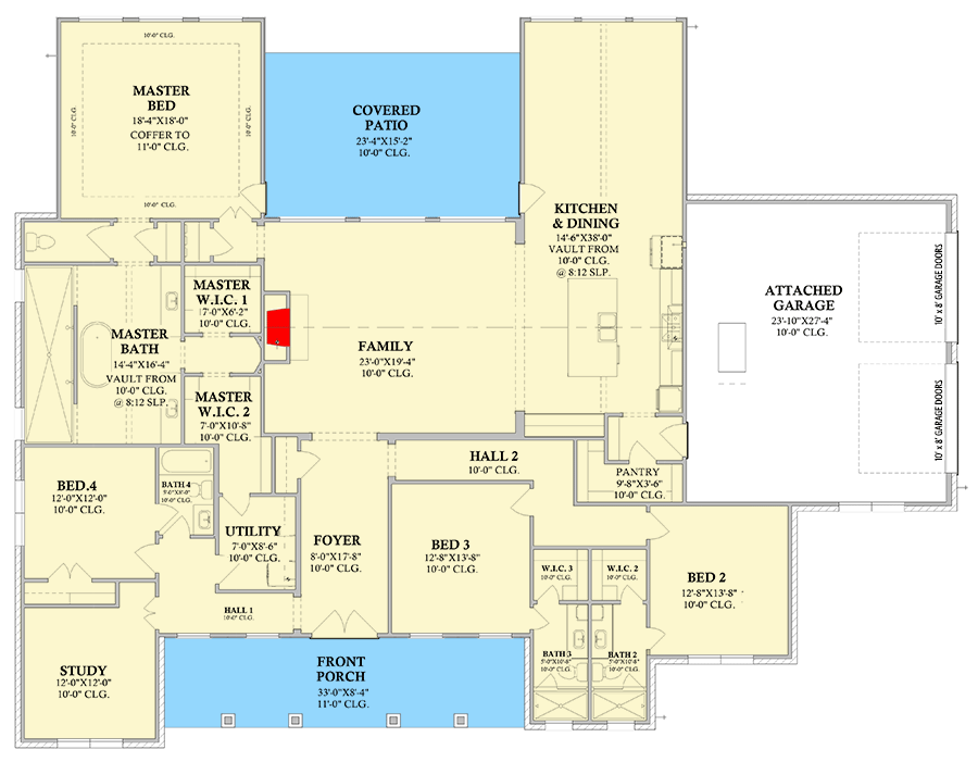 Plan 440029PWL: 4-Bed Modern Farmhouse with Vaulted Great Room and Home Office - 3392 Sq Ft - Floor Plan - Main Level - Modern Farmhouse, Ranch, Southern
