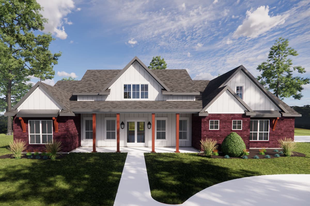 House plan exterior. Two-story Modern Farmhouse with gables, a covered front porch, and brick facade accents. The roofline features a mix of gables.