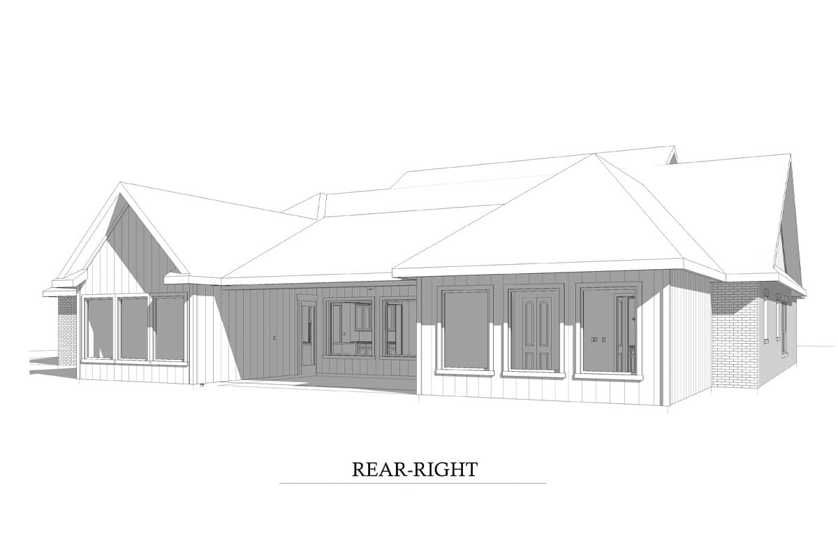 House plan exterior, single-story, with gables, multiple windows, and a covered patio.