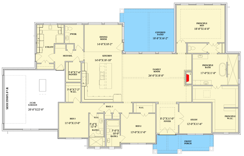 Plan 440030PWL: 3-Bed Country Craftsman House Plan with Home Office Under 3000 Sq Ft - Floor Plan - Main Level - Country, Craftsman, New American, Ranch