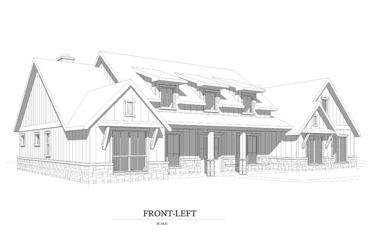 House plan exterior, Modern Farmhouse style, with stone base, board-and-batten siding, and multiple gabled dormers.