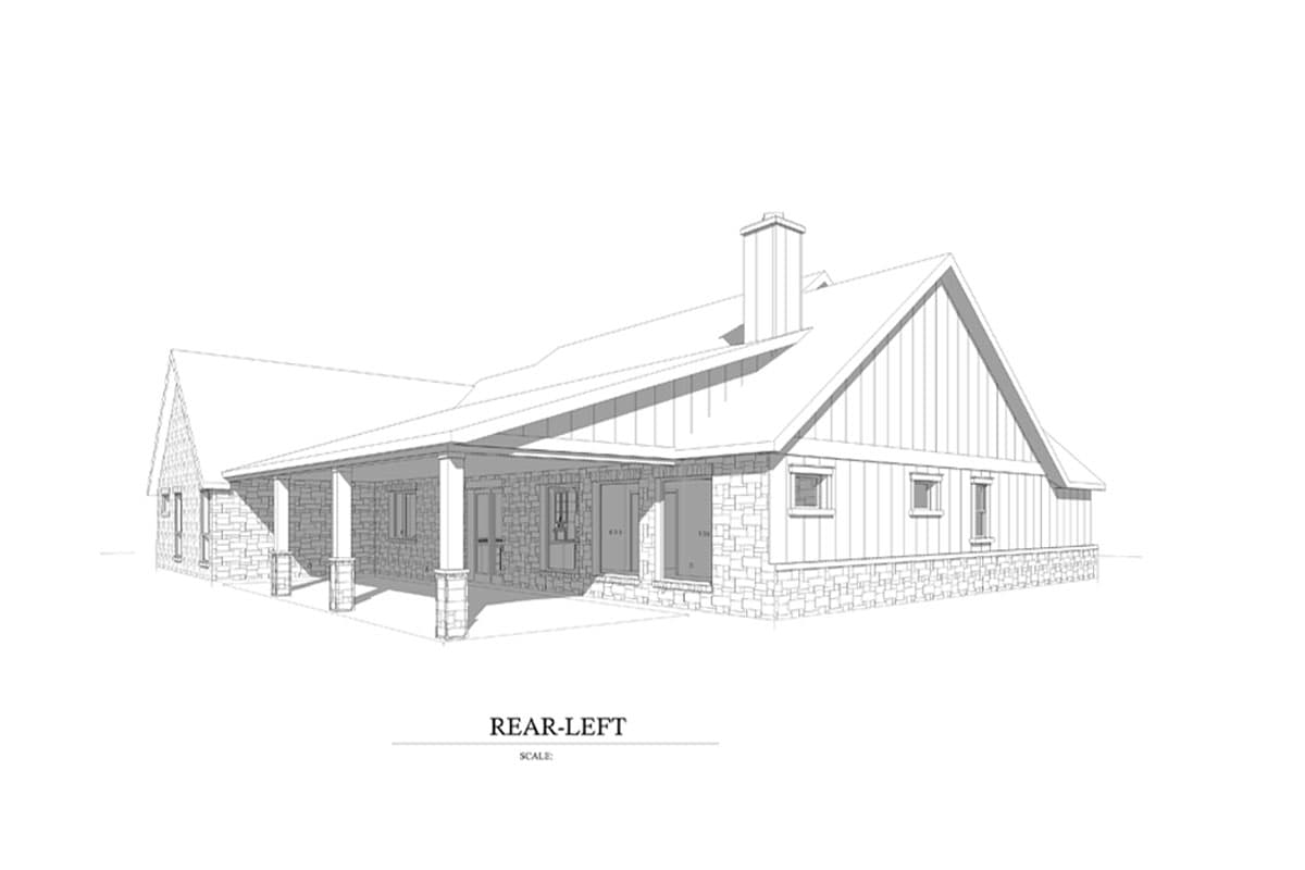 Rear-left exterior house plan drawing with covered porch, stone base, and gabled roof.