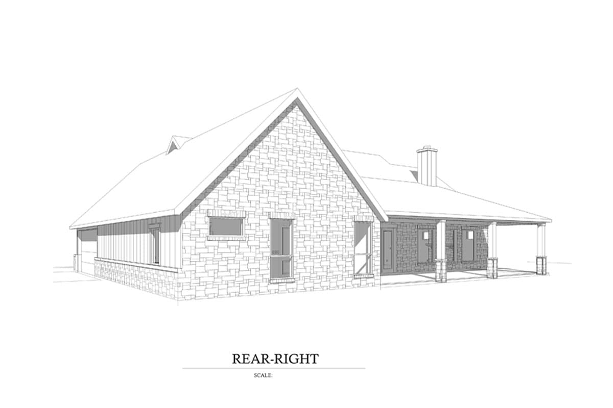 House plan exterior, single-story, stone and wood siding, prominent gable, covered porch with columns, and chimney.