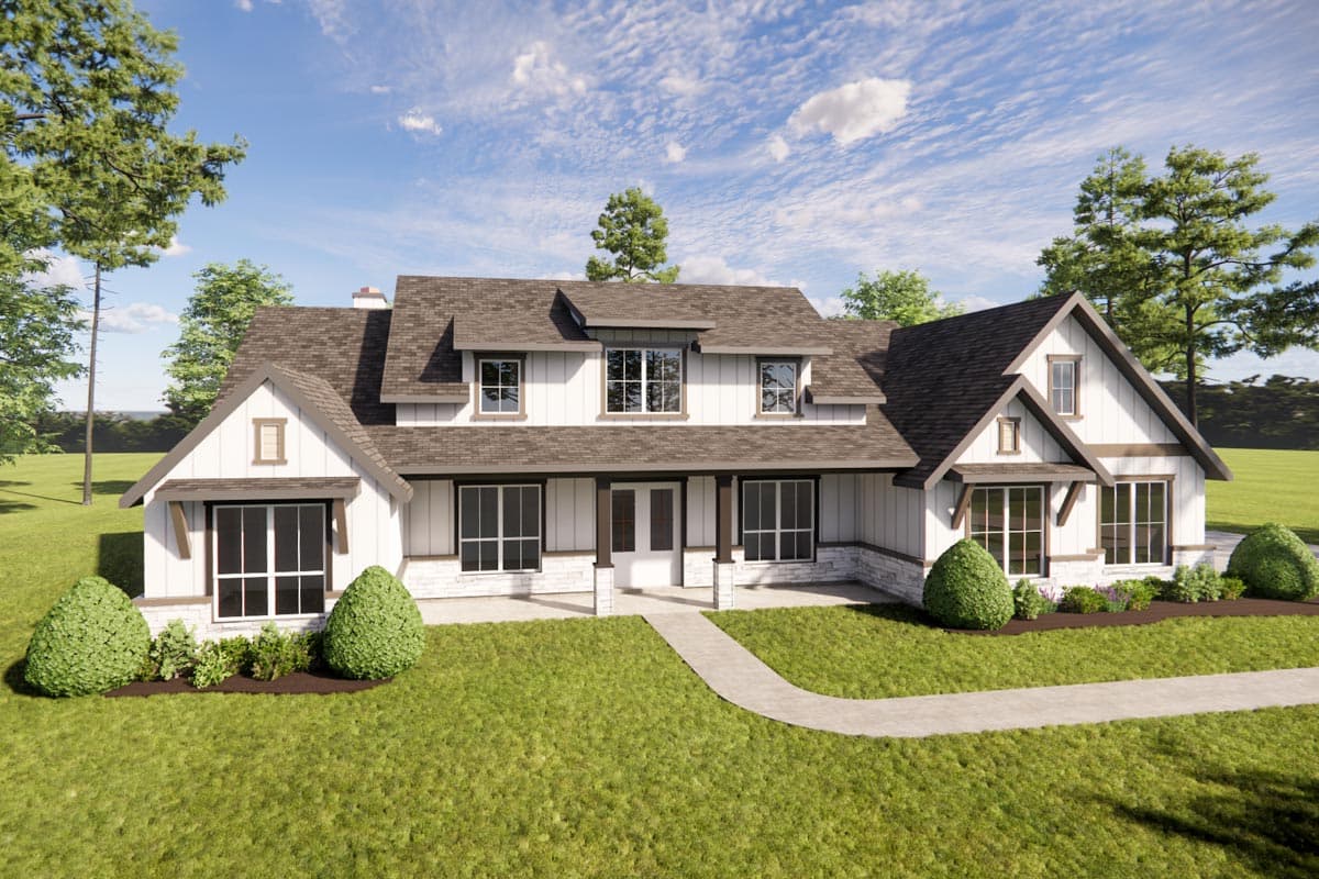 Modern Farmhouse house plan exterior with a covered front porch, multiple gables, and white board-and-batten siding.