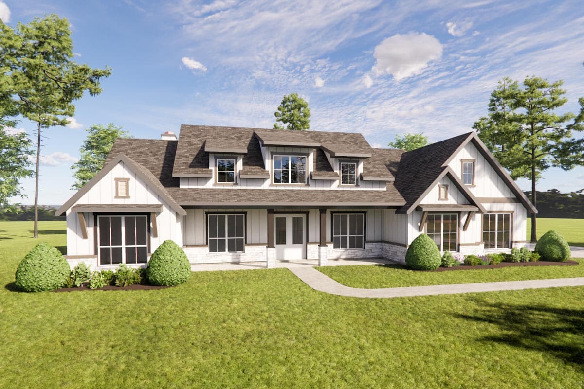 House plan exterior rendering. Modern farmhouse style with gabled roof, dormers, and front porch. Two-story structure with stone accents.