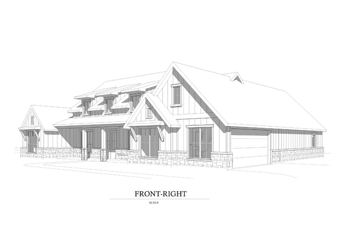 Modern Farmhouse house plan exterior with stone accents, deep porch, multiple gables, and garage.