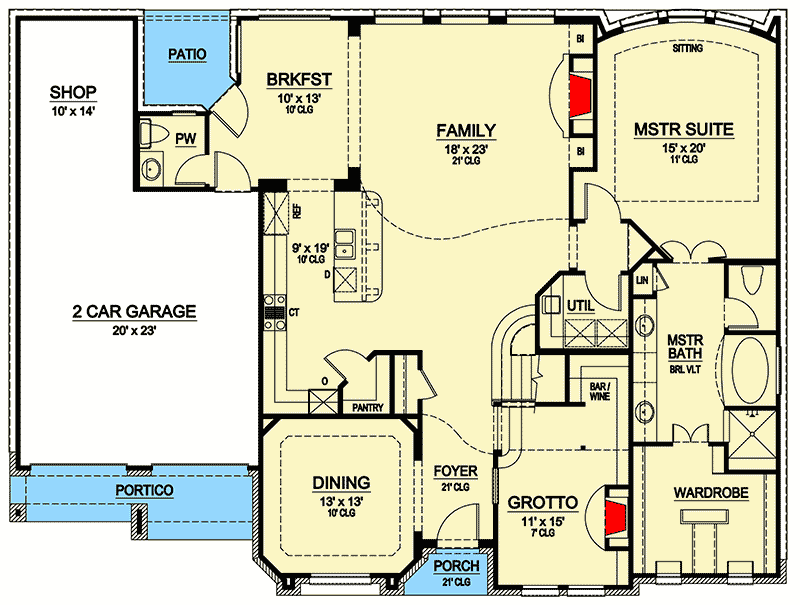 Plan 36284TX: Elegant Home Plan with Indoor Grotto - Floor Plan - Main Level - European, Traditional, Tuscan