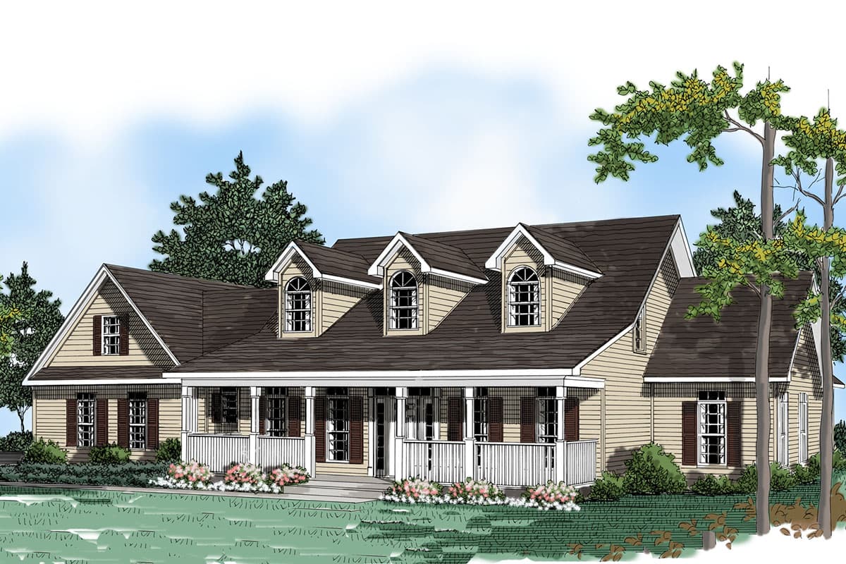 House plan exterior: Ranch style with a full-width covered porch, multiple dormers with arched windows, and gabled ends.