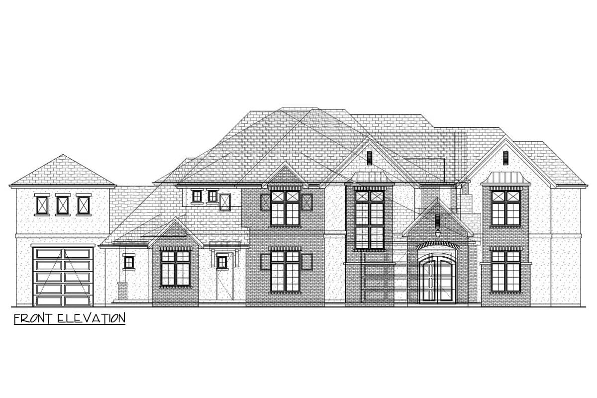 Front elevation drawing of a two-story house plan with a side-entry garage, arched entry, and multiple gables.
