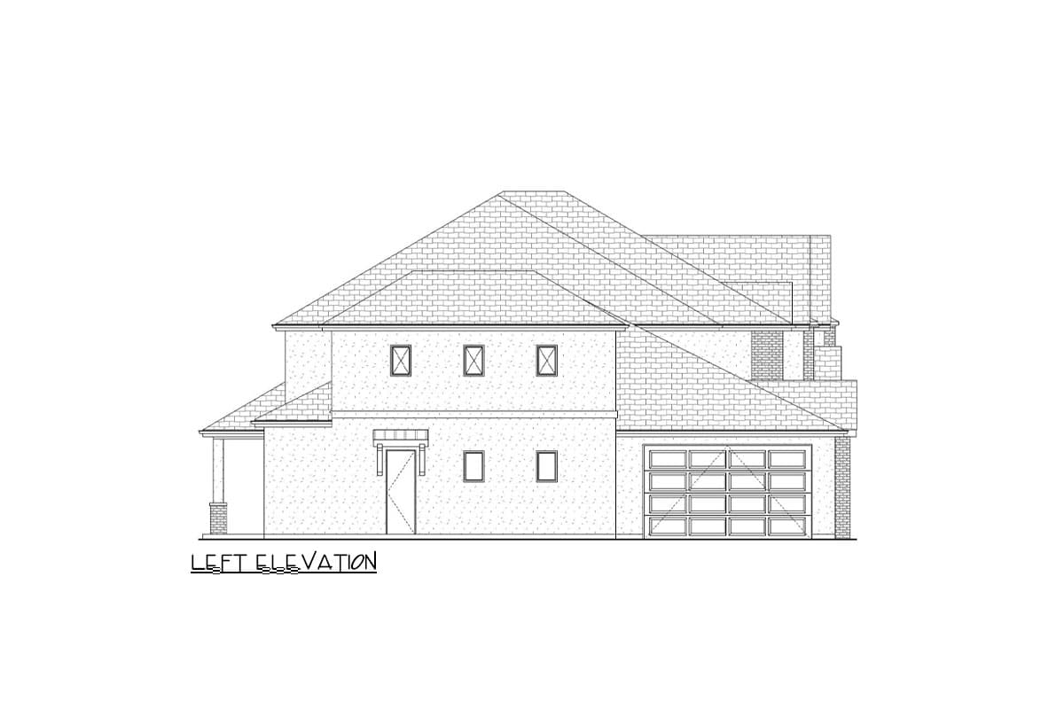Left elevation drawing of a two-story house plan with a covered porch, three upper windows, two main level windows, and a garage.