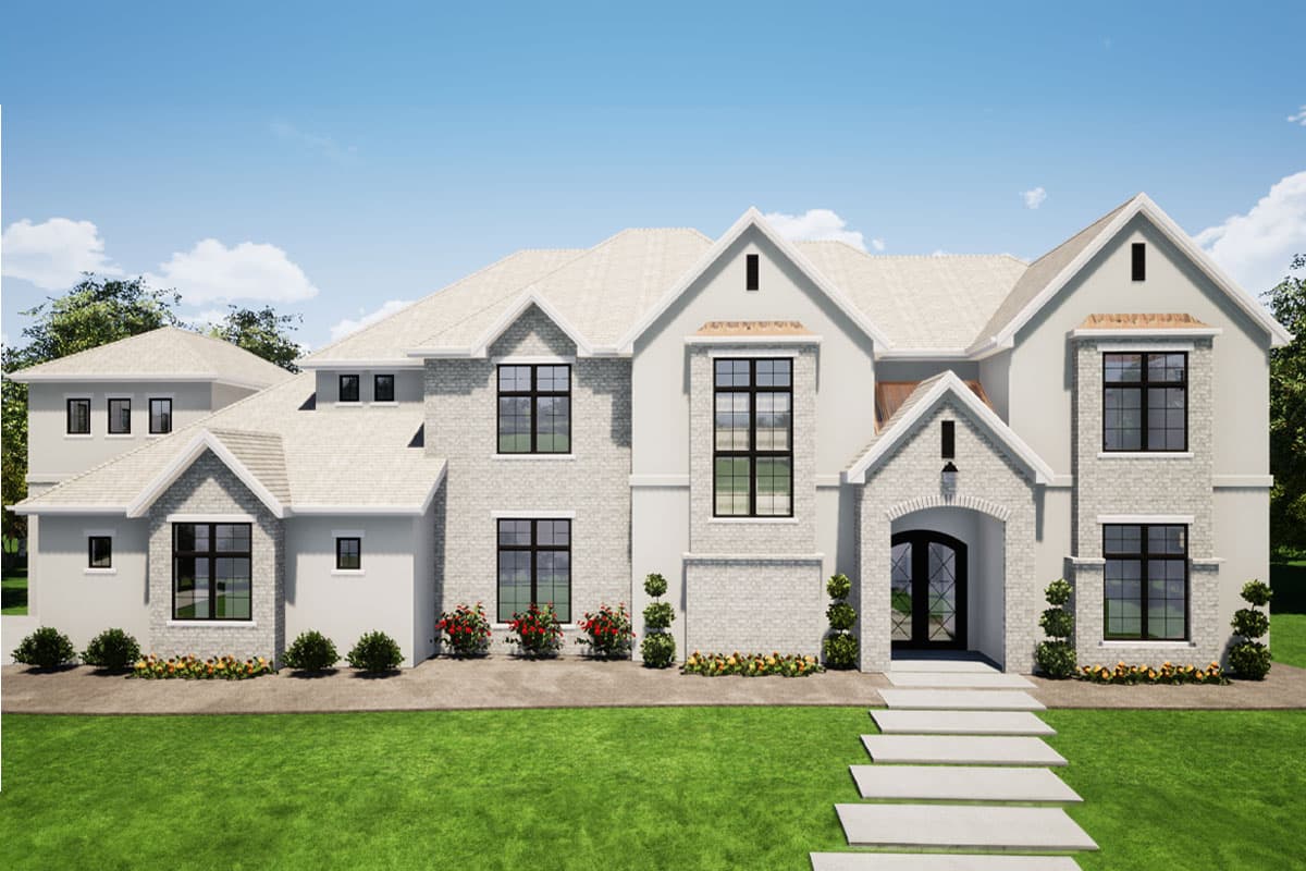 House plan exterior with two stories. Features include a gabled roof, brick accents, arched entry, and multiple dormers with black-framed windows.