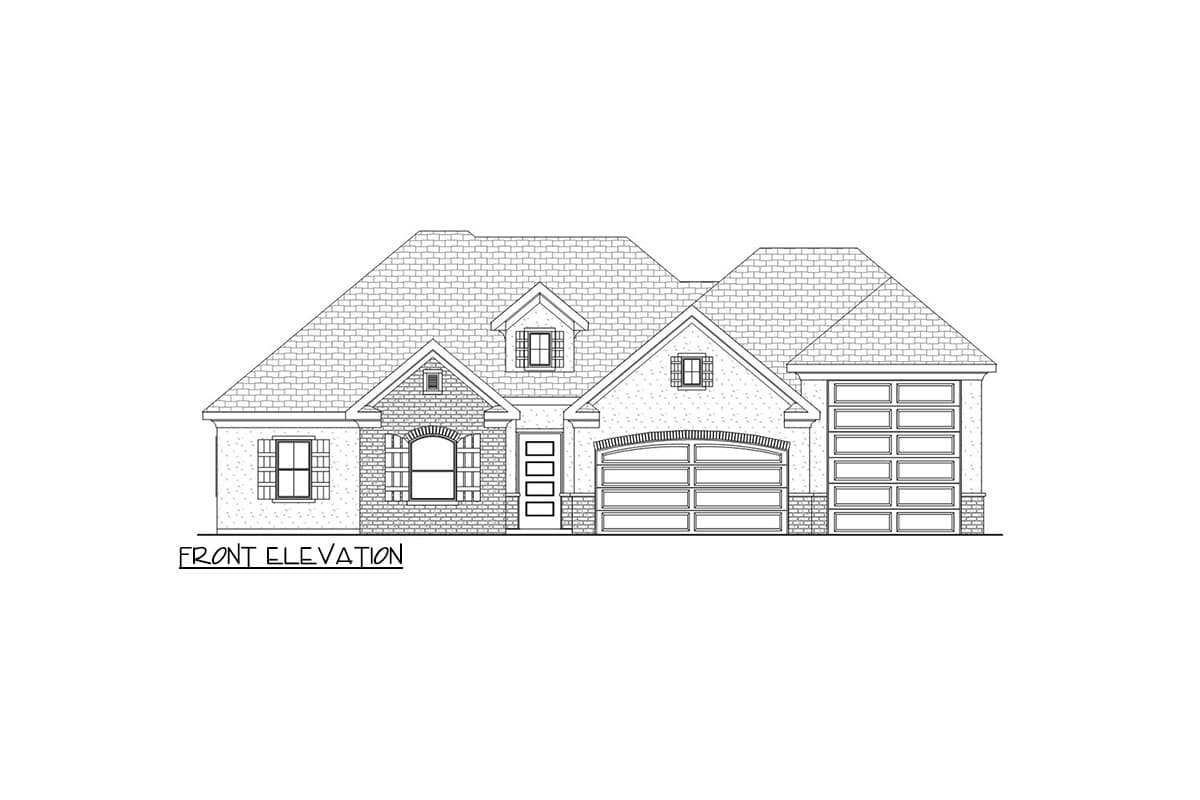 Front elevation drawing of a house plan showing a mix of brick and siding, arched windows, dormers, and a three-car garage.