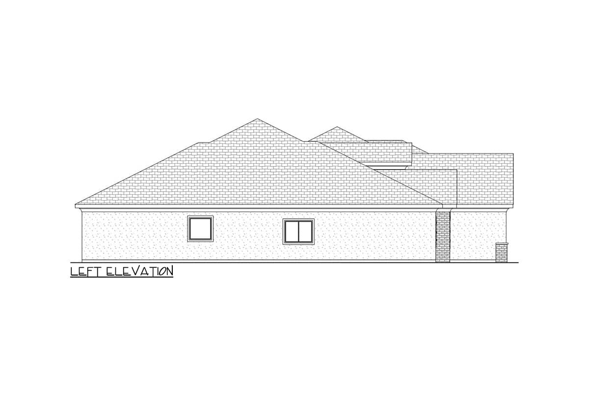 Left elevation house plan drawing with hip rooflines, two windows, and brick accents.