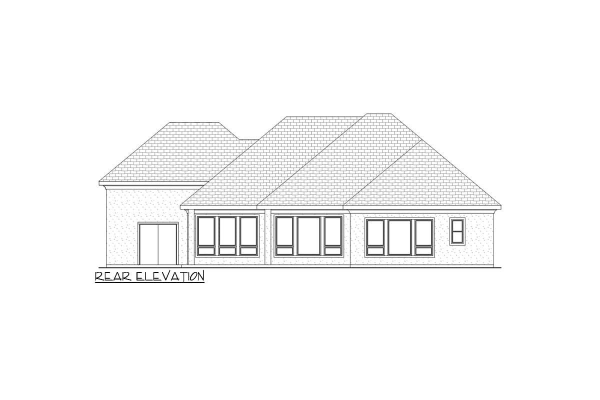 Rear elevation drawing of a house plan showing a multi-level roofline, numerous large windows, and double doors.