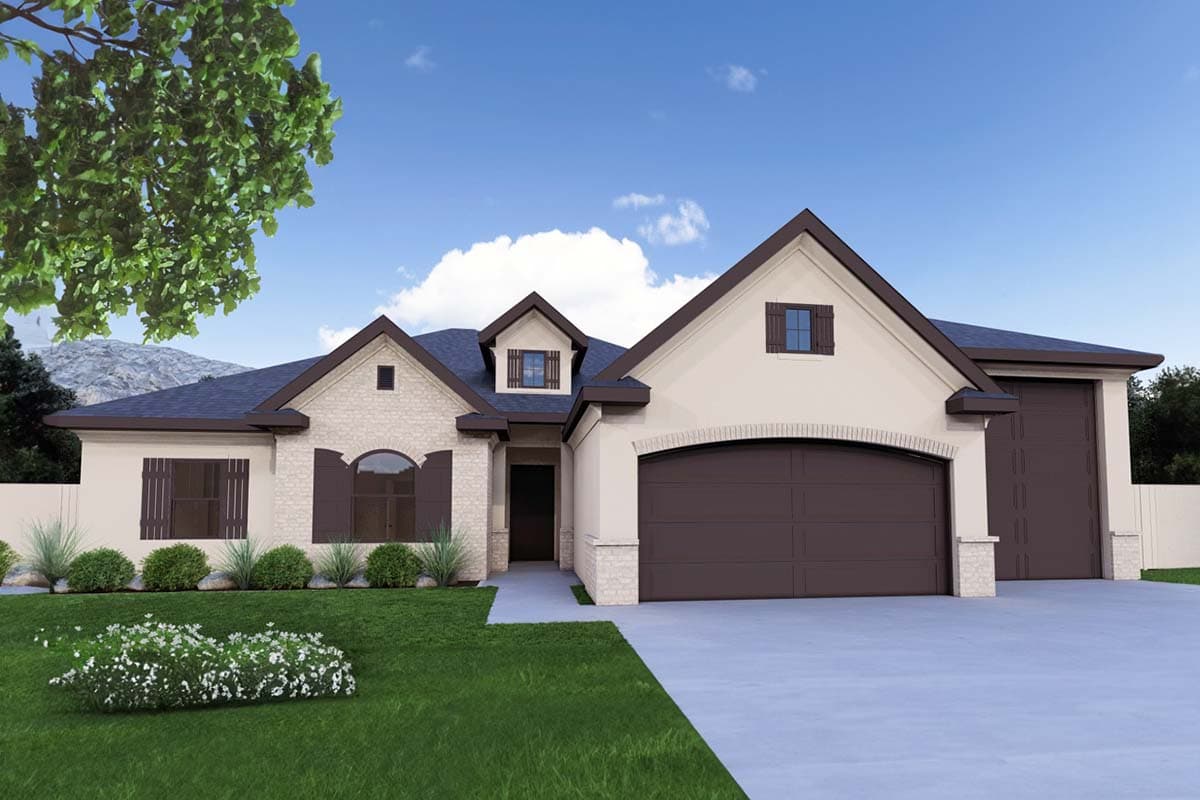House plan exterior with two stories. Features include a gabled roof, arched garage door, and a dormer. Brick facade and shutters visible.