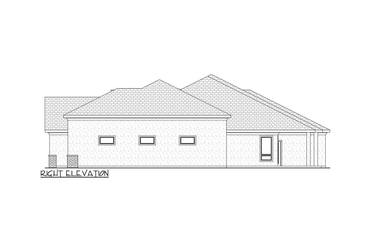 Right elevation drawing of a single-story house with multiple gables and three small windows.