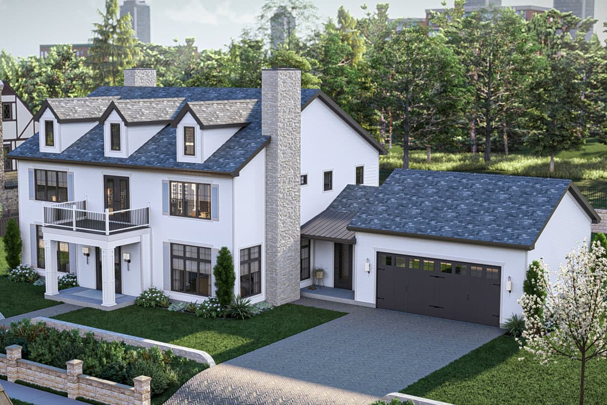 House plan exterior: two-story modern farmhouse with dormers, second-story balcony, stone chimney, and attached two-car garage.