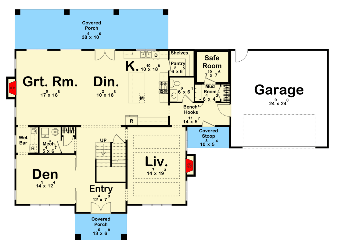 Plan 623368DJ: Two-Story Colonial Home Plan with Loft and Wet Bar Under 3400 Sq Ft - Floor Plan - Main Level - Colonial, Country, New American, Southern Traditional