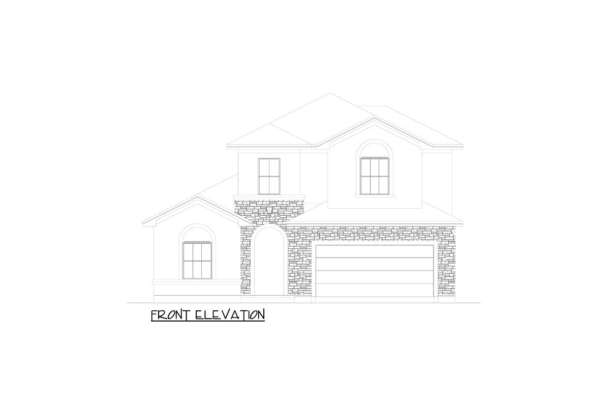 Front elevation drawing of a two-story house with stone accents, arched entryway, and attached garage.