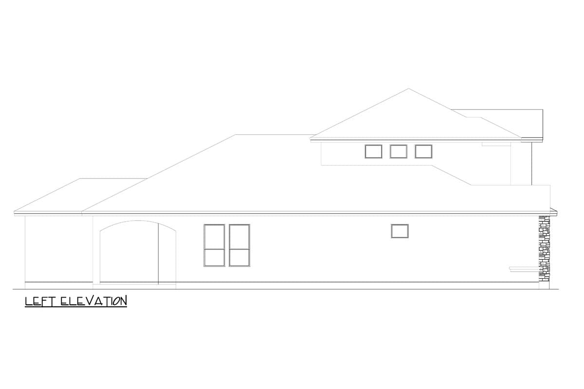 Left elevation drawing of a house plan showing a sloped roof, arched entryway, multiple windows, and stone accents.