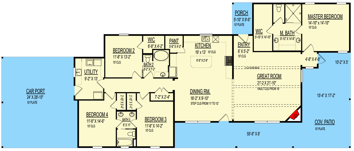 Plan 264146KMD: 4-Bed Ranch House Plan with Wrap-Around Patio - 2623 Sq Ft - Floor Plan - Main Level - Ranch