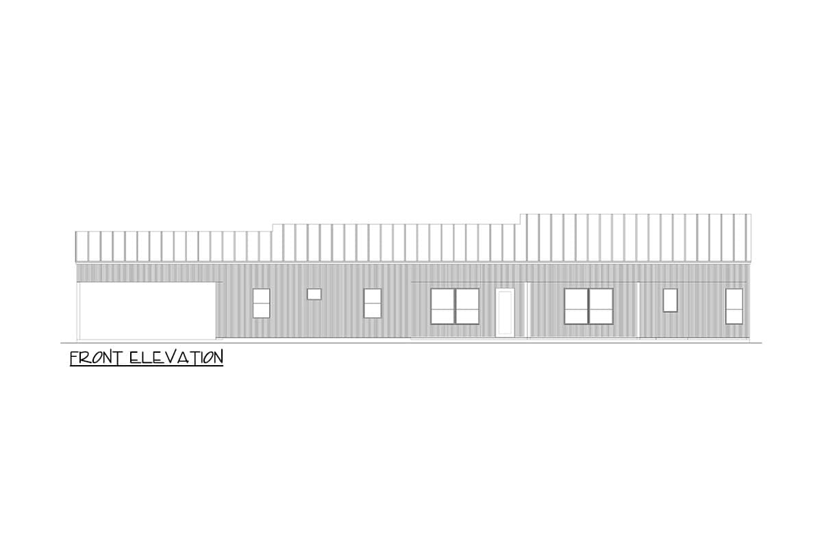 Front elevation drawing of a single-story house with a pitched roof, covered carport, and multiple windows.