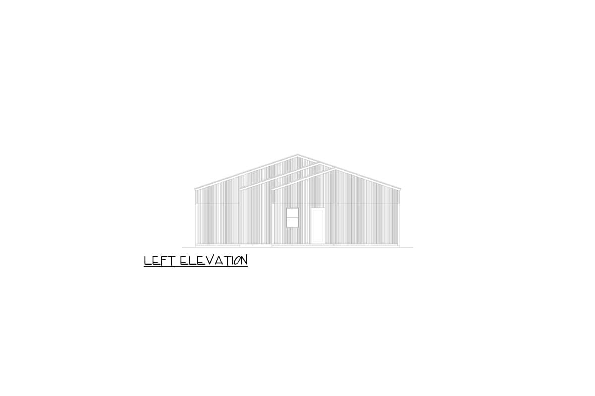 Left elevation drawing of a house plan with vertical siding and a steeply pitched roof with intersecting gables.