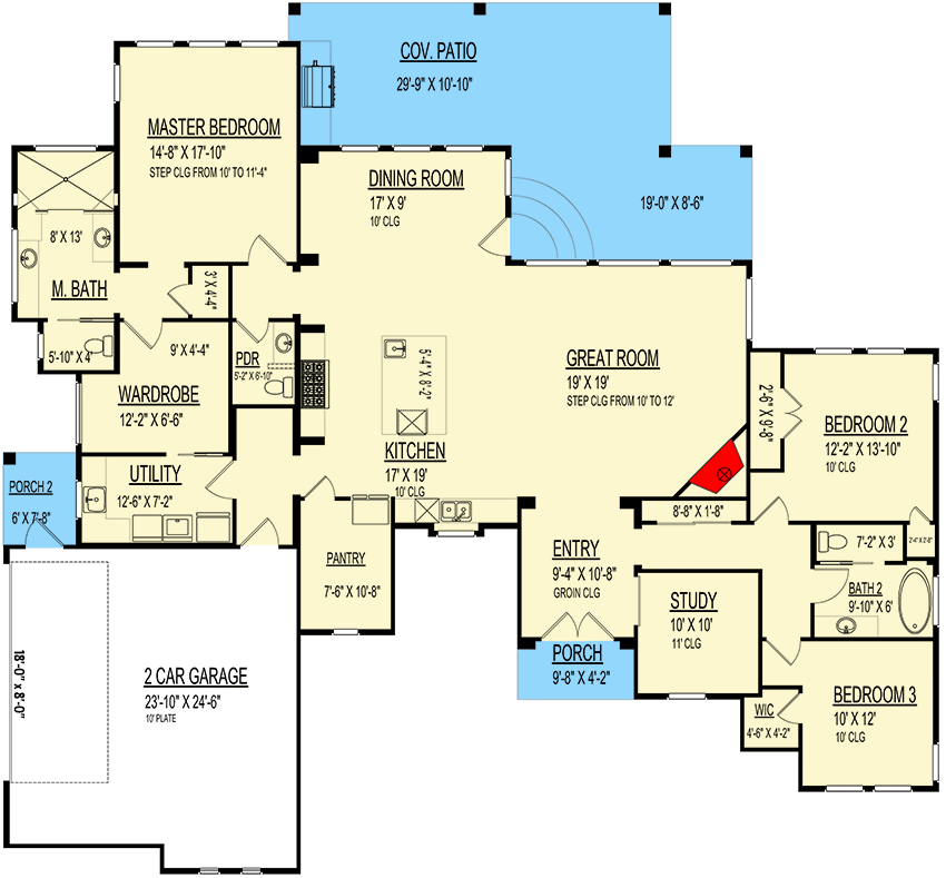 Plan 264148KMD: 3-Bed Southwest Style Ranch House Plan with Home Office - 2725 Sq Ft - Floor Plan - Main Level - Hill Country, Ranch, Southwest, Spanish