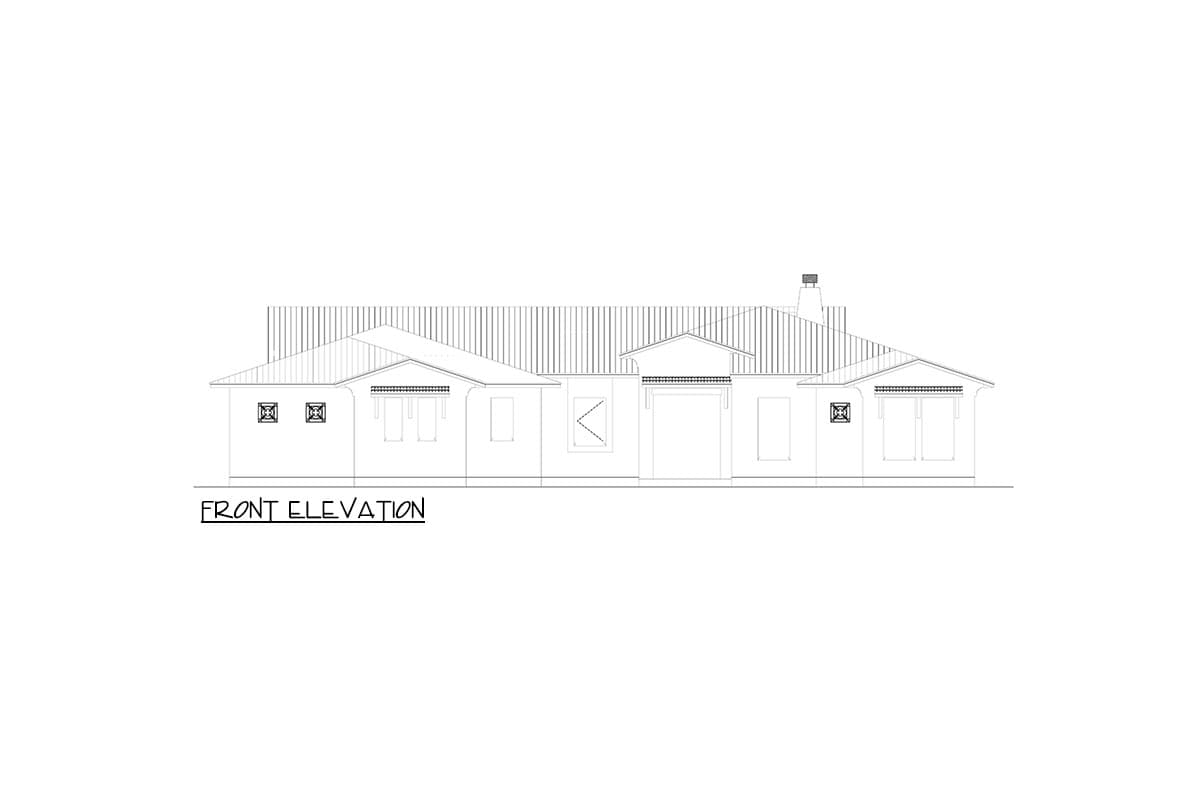 Front elevation drawing of a single-story house with varied rooflines, a central covered entrance, and multiple windows.