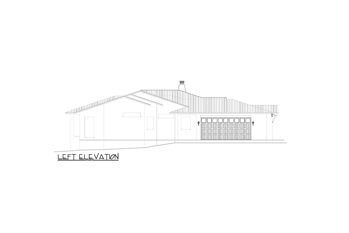 Left elevation drawing of a house plan showing a single-story structure with a pitched roof, chimney, and two-car garage.