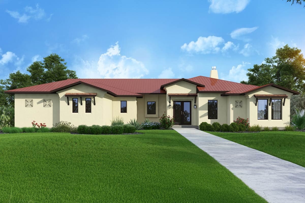 House plan exterior. One-story house with a red metal roof, covered entryway, and decorative window awnings.