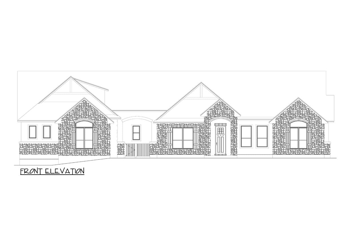Front elevation drawing of a single-story house with stone veneer, gabled rooflines, and arched windows.
