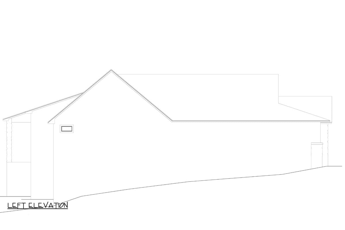 Left elevation drawing of a house plan showing a prominent gable roofline, a covered porch, and a single rectangular window.
